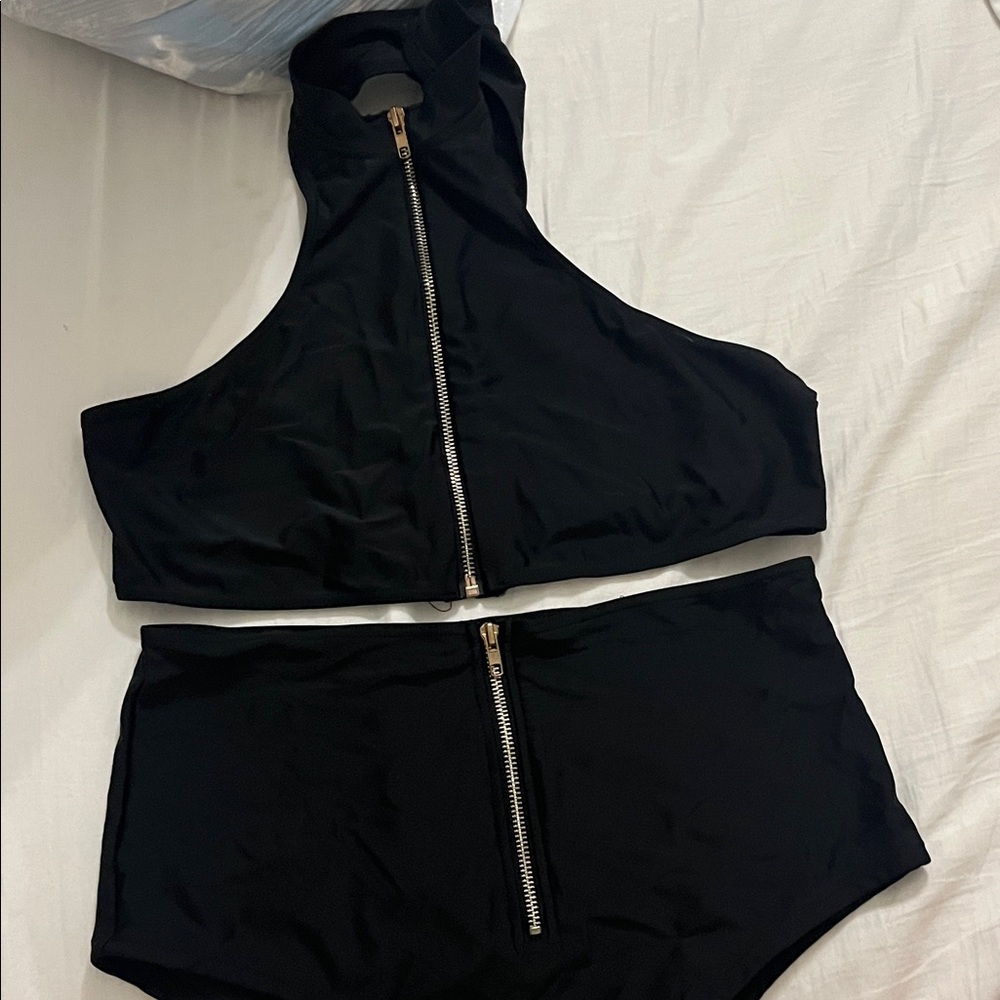 Black Zip-Up High Neck Bikini Set